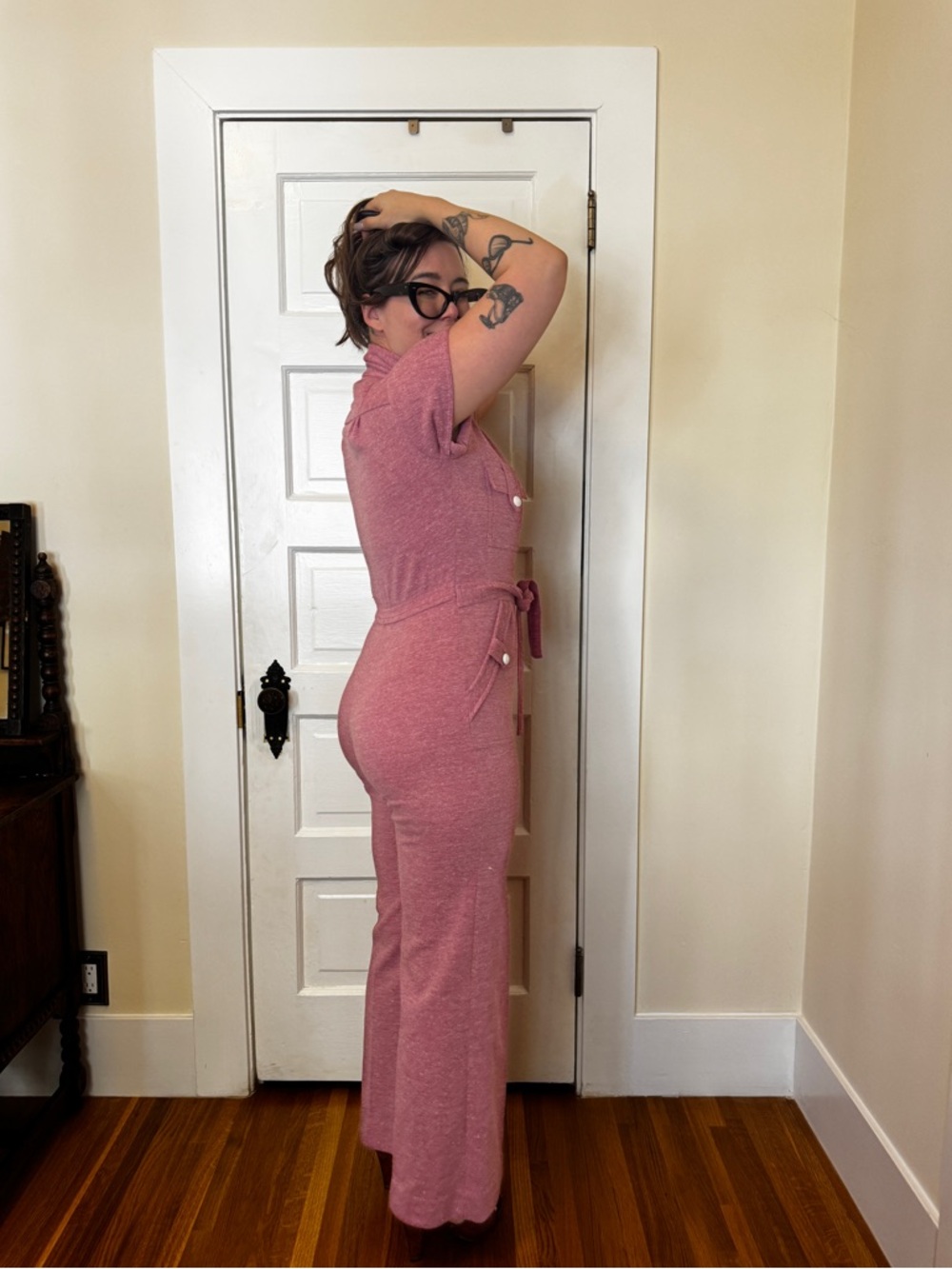 70s Vintage Dusty Rose Jumpsuit Sz M - Picture 4 of 10